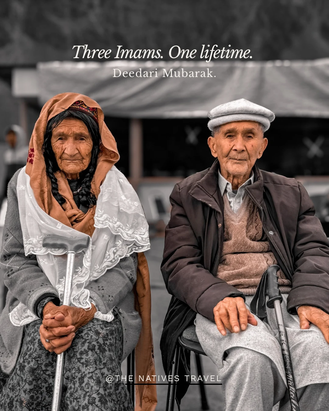 An elderly woman and man seated together beneath the title “Three Imams. One lifetime. Deedari Mubarak.”